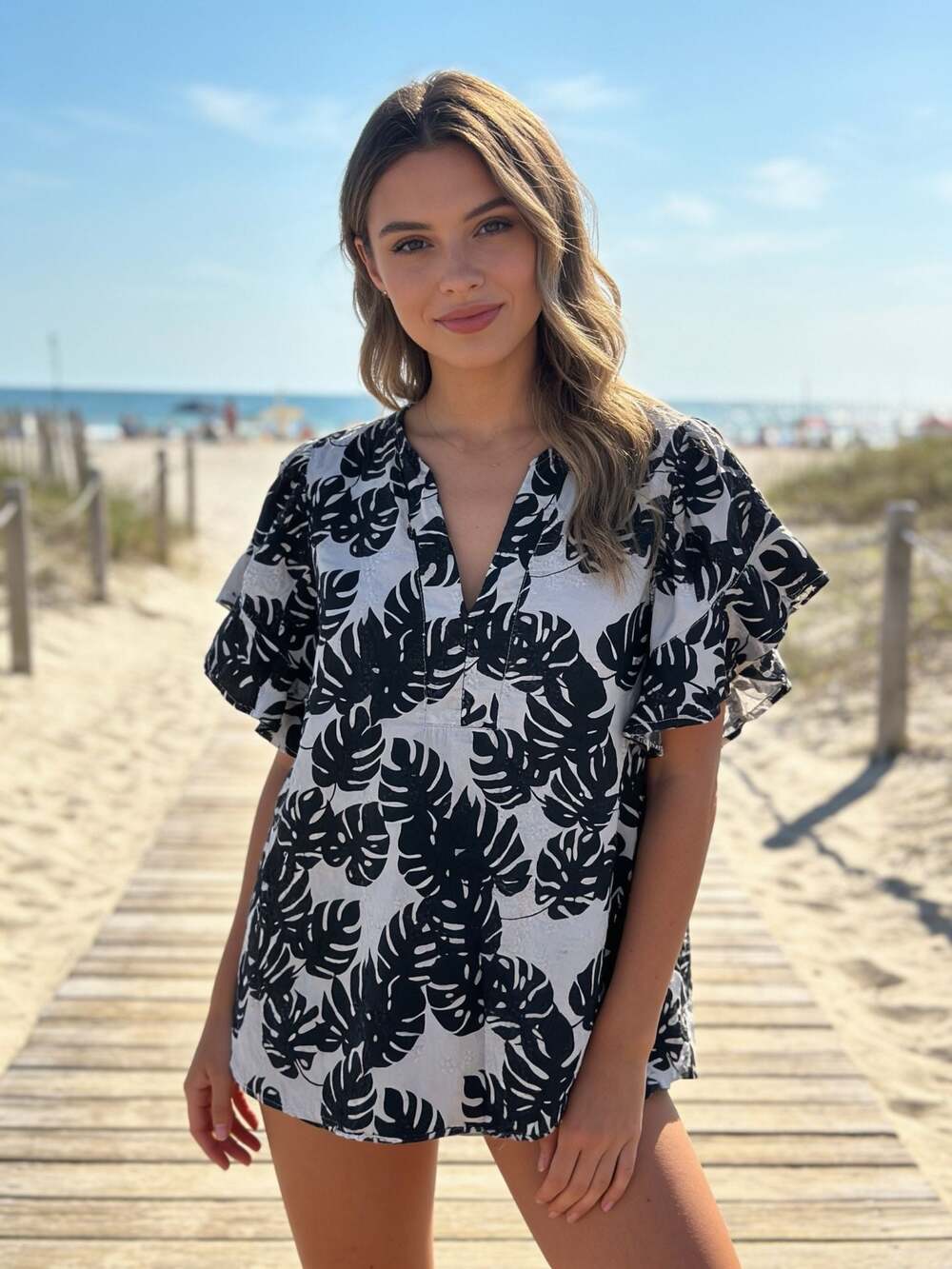 Culture Black and White Tropical Leaf Print Ruffle Sleeve Blouse Cotton Large